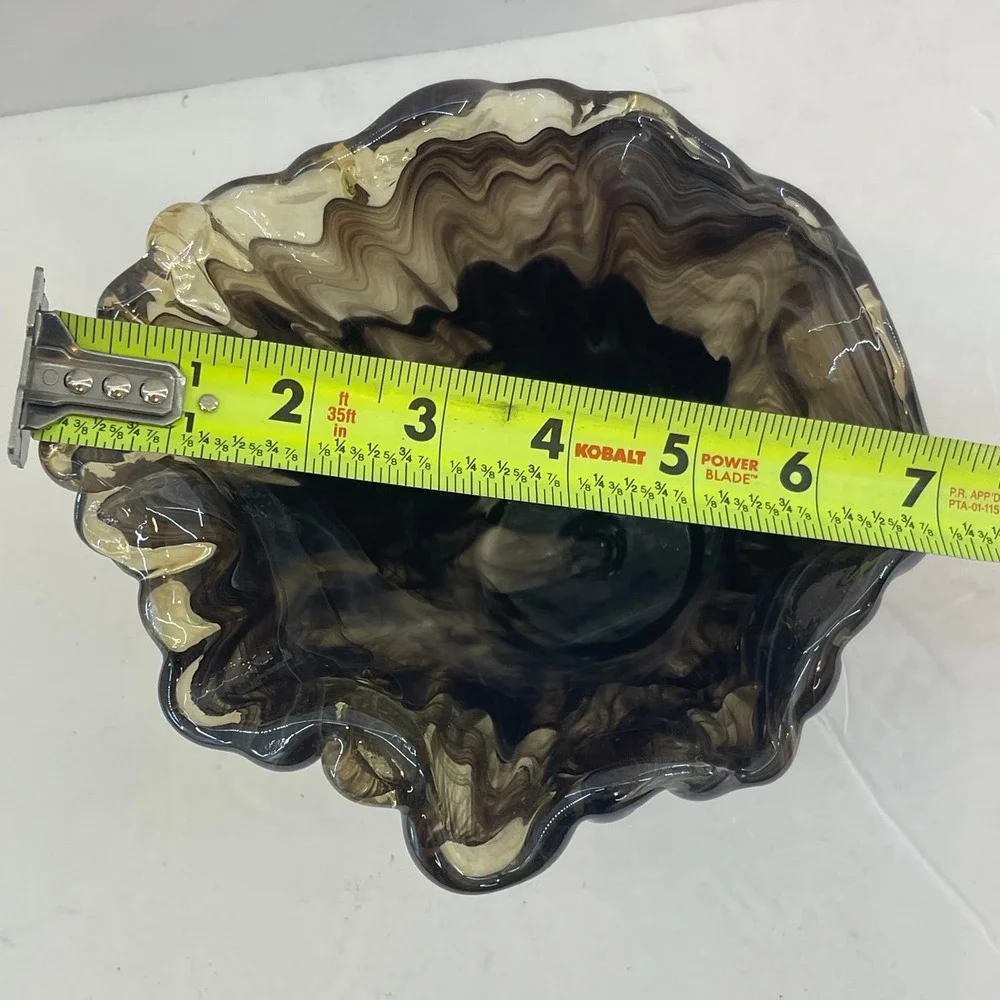 Vintage Murano Style Handkerchief Art Glass Vase Brown Swirl‎ Ruffle Hand Blown